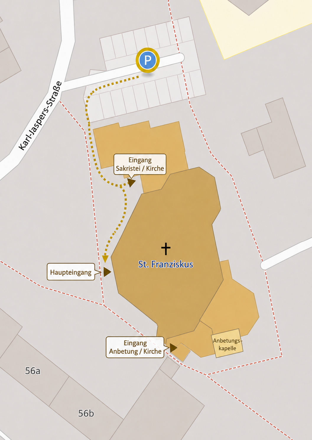 Übersichtsplan von St. Franziskus mit Parkplatz, Haupteingang, Eingang zur Anbetungskapelle und Weg vom Parkplatz